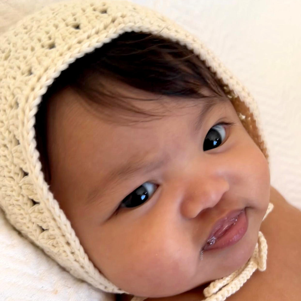 crocheted baby hat bonnet cream white ivory