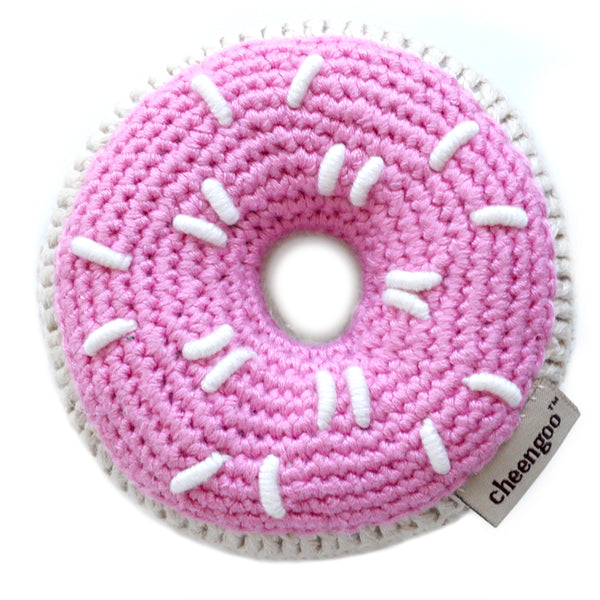 hand crocheted baby pink donut rattle