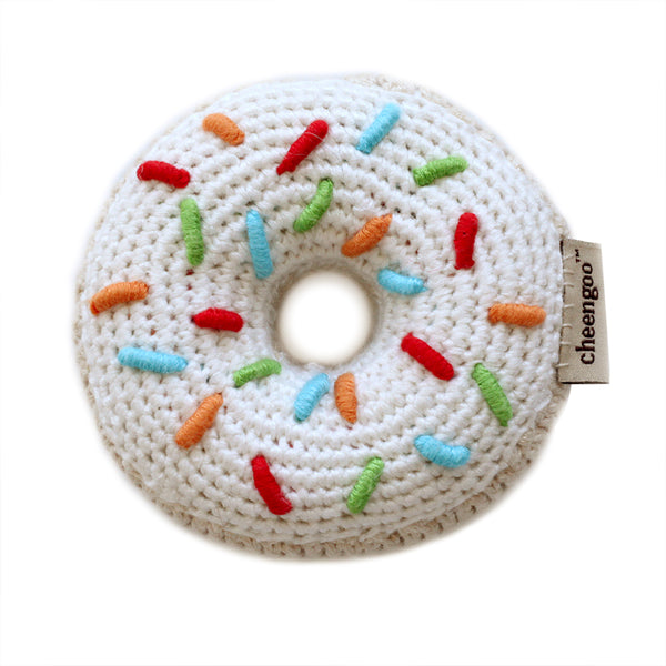 hand crocheted white donut baby rattle