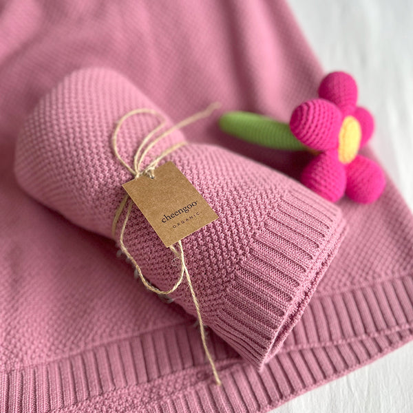 Organic Knit Baby Blanket - Raspbery (Moss Stitch)