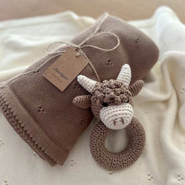 Organic Knit Baby Blanket - Taupe (cloverleaf eyelet)
