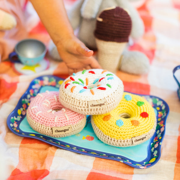 Crocheted Donut Rattle Set - pink, yellow and white