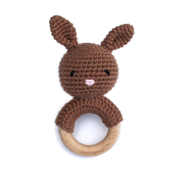 baby bunny crochet rattle with wooden teether brown