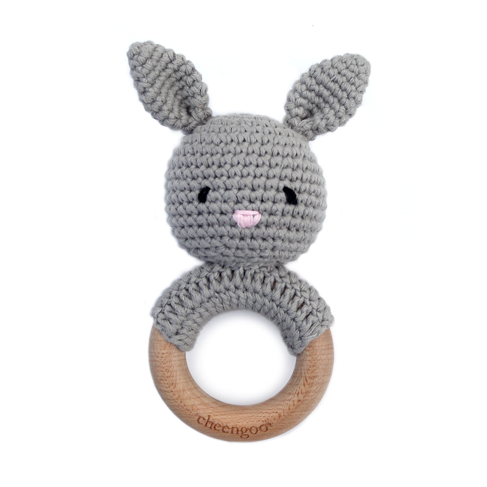 cotton crocheted baby bunny teething rattle grey