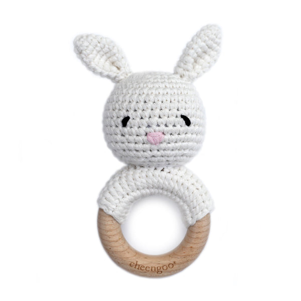 baby crocheted bunny rattle with wooden teething ring - white