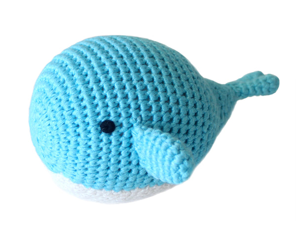 hand crocheted blue whale rattle