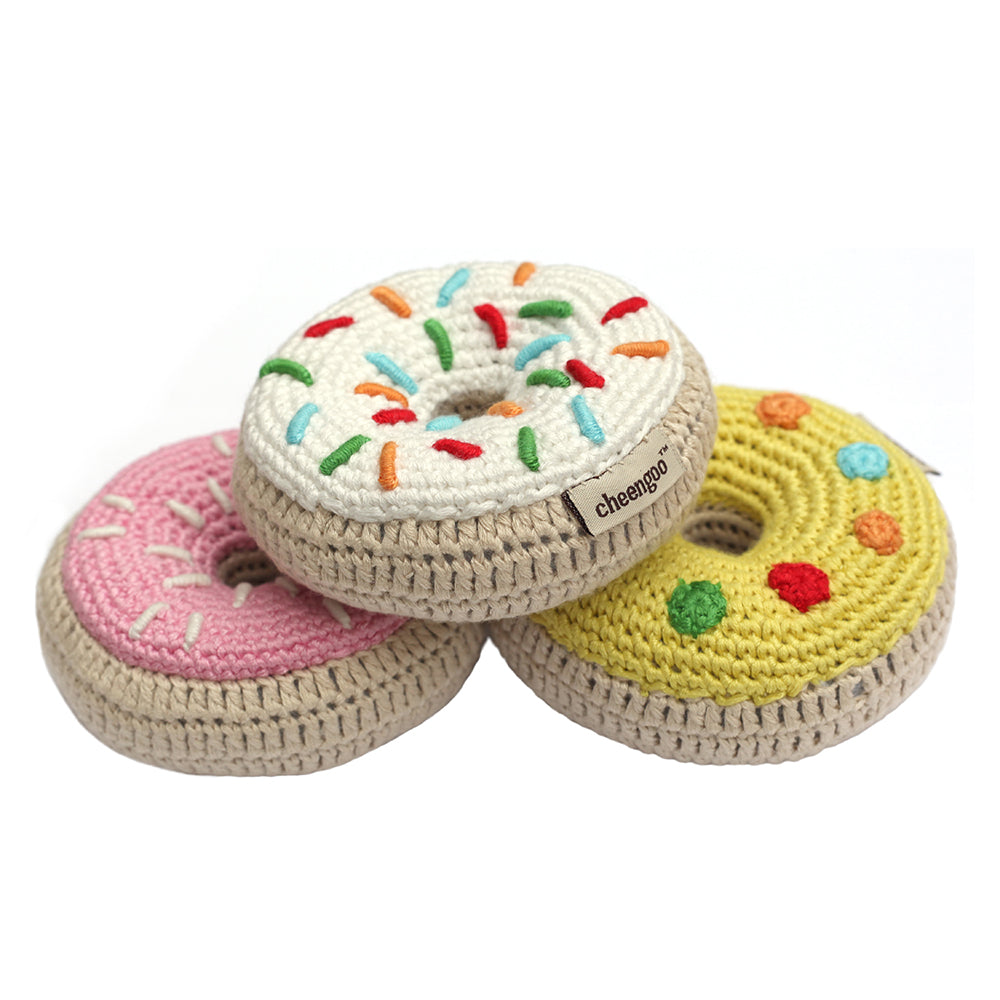 Crocheted Donut Rattle Set - pink, yellow and white