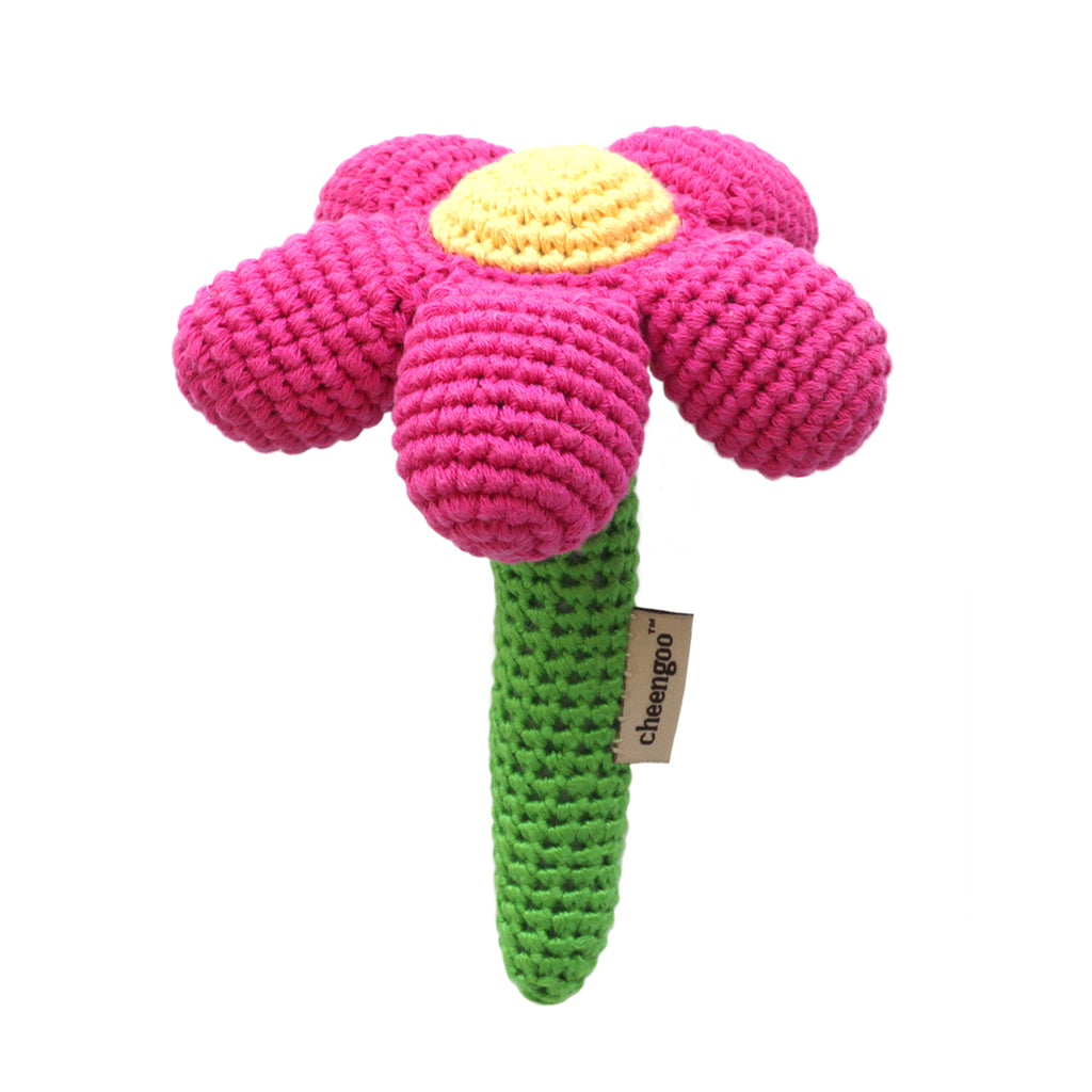 Crocheted Pink Magenta Flower Stick Baby Rattle