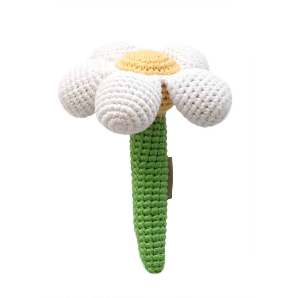 Crocheted Baby White Daisy Flower Rattle 